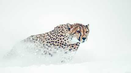 Sticker - Cheetah Running Through Snow with Blurry Background