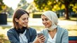 © FalseMercury - Smiling women in hijabs sharing joyful moment while using smartphone in sunny outdoor setting