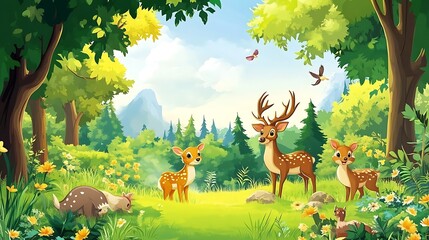 Wall Mural - Cartoon Family of Deer in a Forest Illustration for Children's Story or Nursery Decoration