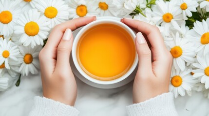 Canvas Print - A person holding a cup of tea surrounded by daisies, AI