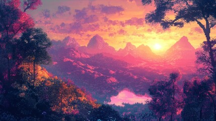 Sticker - Pixelated Sunset Landscape with Mountains, Trees, and a Lake