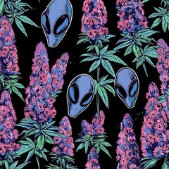 Charming seamless pattern of retro pink and purple wildflowers with mini aliens for fabric design