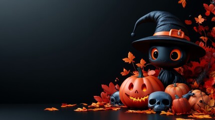 Wall Mural - Adorable Halloween Witches and Pumpkins - Festive Holiday Illustrations