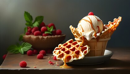 Wall Mural - Indulgent still life of creamy caramel ice cream nestled in a crispy waffle cone