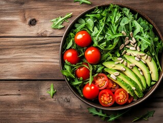 Wall Mural - A vibrant salad is beautifully arranged in a ceramic bowl, featuring leafy greens, juicy cherry tomatoes, and creamy avocado slices, with sunflower seeds sprinkled on top