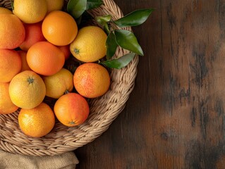 Wall Mural - A woven basket overflowing with vibrant oranges and fragrant citrus sits on a rustic wooden dining table, illuminated by gentle natural light, creating a warm and inviting atmosphere