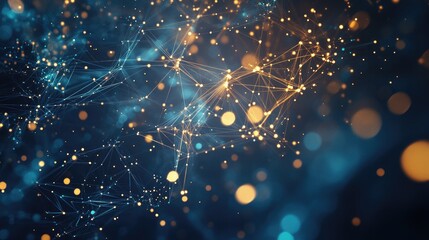 Wall Mural - abstract blue and gold glowing network of connected dots and lines.