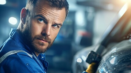 Canvas Print - A man in a blue uniform is standing next to a car