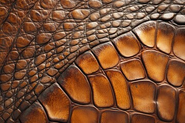 The detailed surface of reptile skin reveals distinct scales and a vibrant mix of brown and orange hues in natural light