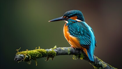 Majestic Kingfisher perched gracefully on a moss-covered branch