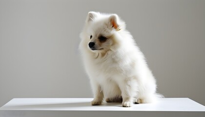 Charming Spitz posing gracefully in a minimalist white studio backdrop