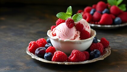 Wall Mural - Indulgent raspberry ice cream topped with fresh berries against a clean backdrop