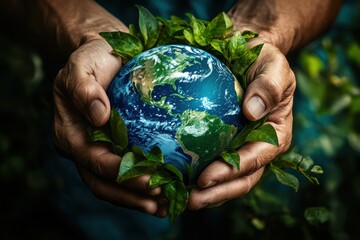 an ultra-realistic, high-resolution photograph of two hands holding the earth with greenery wrapped 