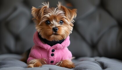 Wall Mural - Adorable Yorkshire Terrier in Stylish Pink Outfit Captured During Playful Photoshoot