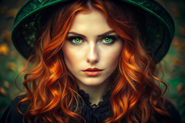 Portrait of a beautiful witch with red long hair and green eyes