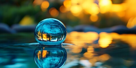 Glass ball reflecting blurred sunset light on water