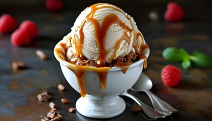 Wall Mural - Deliciously decadent caramel ice cream in a frosty delight