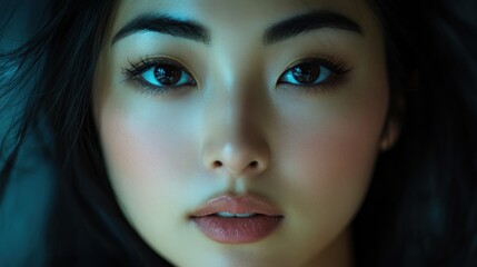 Canvas Print - Close-up portrait of a young woman with dark hair and alluring eyes