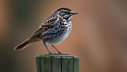 Wall Mural - Dunnock perched gracefully on a rustic post, showcasing its delicate features against a natural backdrop