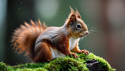 Wall Mural - Red Squirrel perched on a moss-covered log in a serene woodland setting