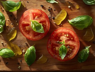 Wall Mural - Brightly colored slices of fresh tomato are displayed with sprigs of basil and a drizzle of olive oil on a wooden cutting board, highlighting freshness and flavor