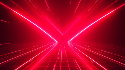 Abstract red neon arrow light glow background. Futuristic cyber laser line motion banner for casino. Dynamic techno perspective beam 3d graphic design. Cool party power and energy boost. Generative AI