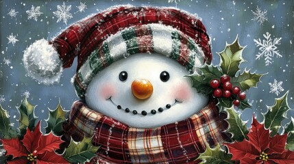 Cheerful snowman with a red and green plaid hat and scarf, surrounded by holly and poinsettia.