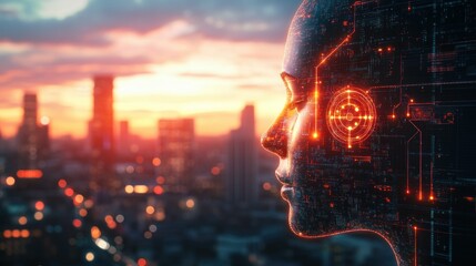 Poster - Digital Human Profile with Cityscape and Sunset Background