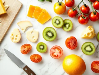 Wall Mural - Various cut-out fruits and cheese are artistically arranged in a circular pattern on a marble surface, accompanied by a knife and cutting board for context