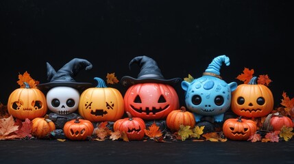 Adorable Halloween Pumpkin Characters in Witch Hats Surrounded by Autumn Leaves