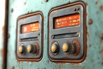 Rusty and worn futuristic radio panel with buttons and display. Sci fi technology, retrofuturism, cyberpunk concept.