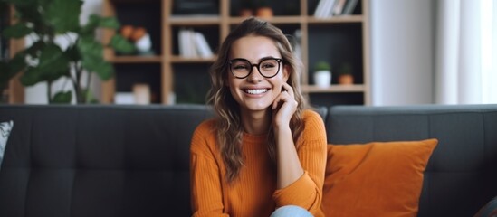 Canvas Print - Smiling Woman in a Orange Sweater