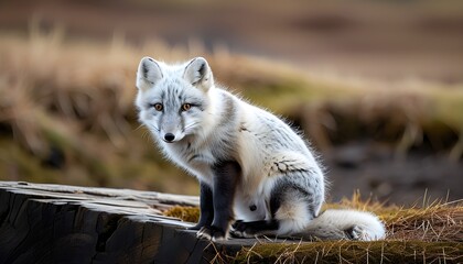 Adorable Arctic fox cub perched on a log in the stunning landscapes of Iceland