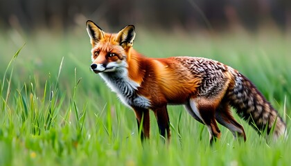 Wall Mural - Red fox gracefully poised amidst a lush green field of grass