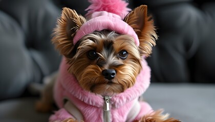 Wall Mural - Stylish Yorkshire Terrier Dressed in a Charming Pink Suit