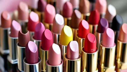 Canvas Print - Vibrant close-up of lipsticks showcasing a colorful ensemble of shades and textures