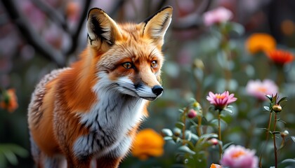 Wall Mural - Vibrant red fox amidst a blossoming garden of colorful flowers