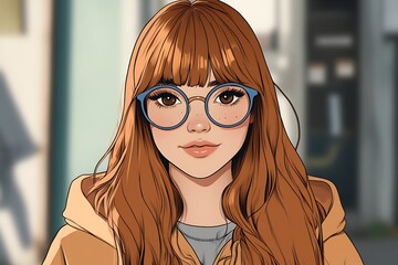 Canvas Print - Anime style portrait of a young woman with long red hair, wearing round glasses and a yellow hoodie