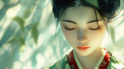 Canvas Print - A Close-Up Portrait of a Young Woman in a Green and Red Kimono