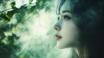 Poster - A Woman's Profile Gazing into a Misty Forest