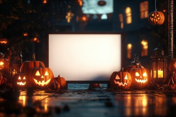Wall Mural - A blank sign mockup with Halloween pumpkins and lanterns, a Halloween background, a Halloween table setting Generative AI
