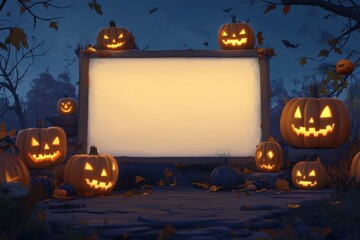 Wall Mural - A blank sign mockup with Halloween pumpkins and lanterns, a Halloween background, a Halloween table setting Generative AI