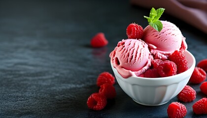 Poster - Indulgent raspberry ice cream with vibrant colors and ample copy space for delightful messaging