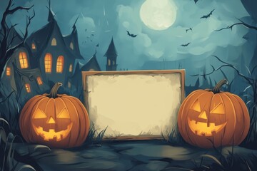 Wall Mural - Halloween-themed blank sign template with pumpkins and a spooky background Generative AI