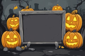 Wall Mural - Halloween-themed blank sign with pumpkins, spooky background cartoon style, Halloween decorations in the background Generative AI