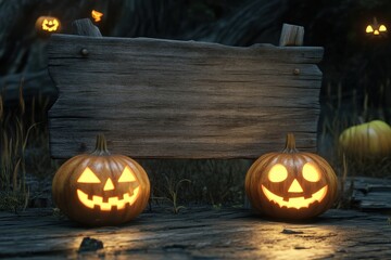 Wall Mural - A blank banner on an old wooden sign, on the ground are two glowing pumpkins with carved faces There are Halloween decorations in the background Generative AI