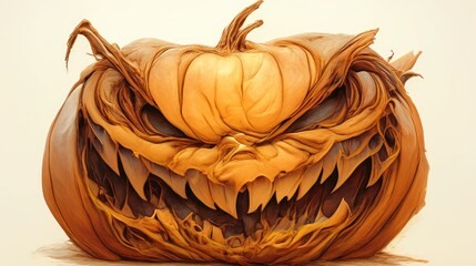 Wall Mural - A menacing pumpkin with a carved, grotesque, toothy grin against a white background.