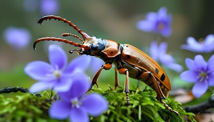 Stag beetle resting on mossy wood surrounded by vibrant violet flowers in a serene garden setting