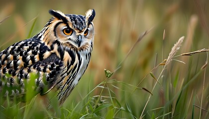 Wall Mural - Majestic Eurasian Eagle Owl Resting Gracefully on Lush Grass