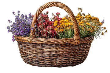 A decorative basket filled with vibrant flowers, set against a clean white background, showcasing nature's beauty.